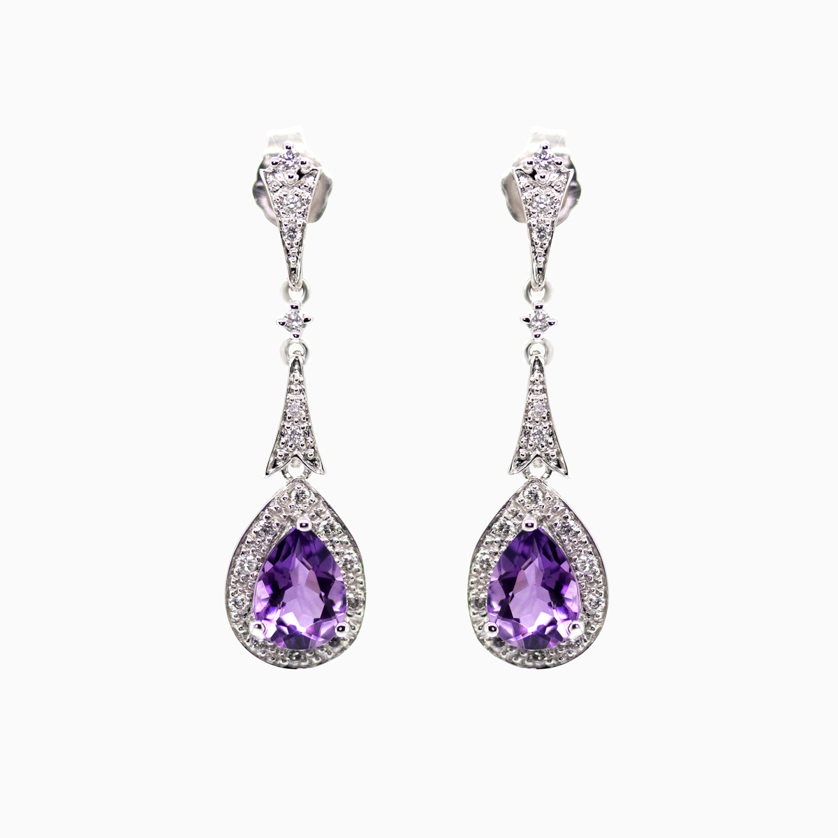 Vintage Style Natural Amethyst and Diamond Teardrop Earrings, 14k White Gold