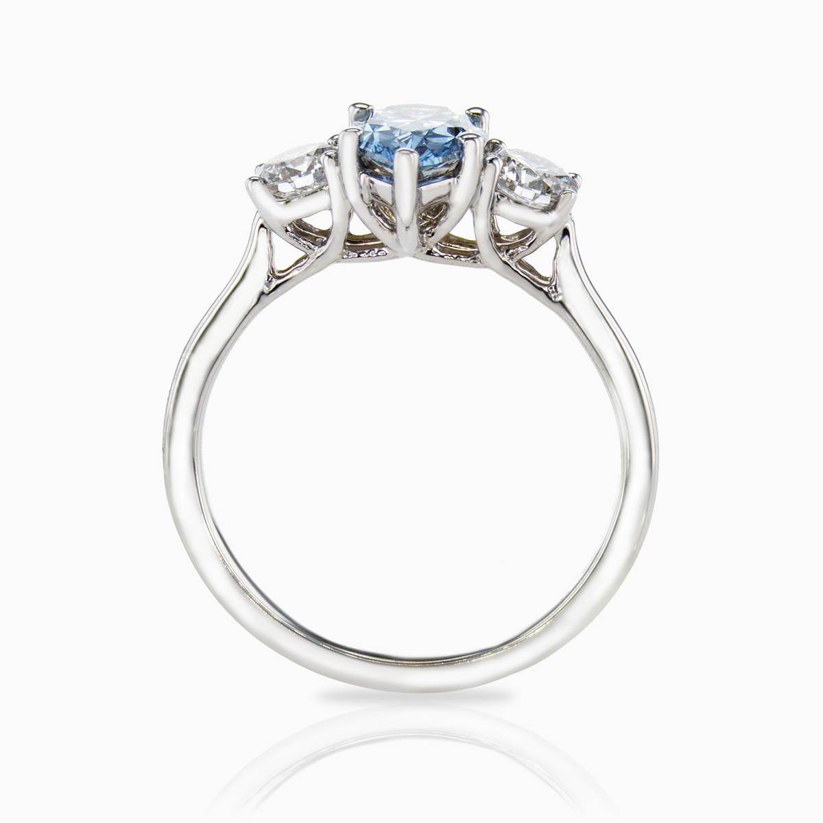 Lab-grown Blue Diamond Three Stone Engagement Ring, 14k White Gold