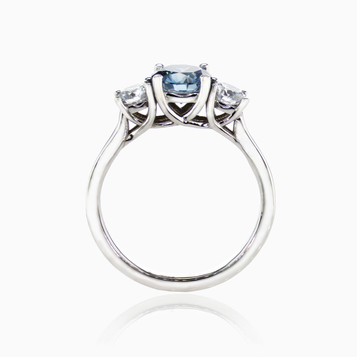 Lab-grown Round Blue Diamond Three Stone Ring, 14k White Gold