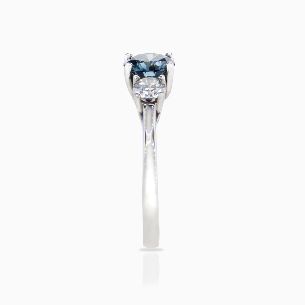 Lab-grown Round Blue Diamond Three Stone Ring, 14k White Gold