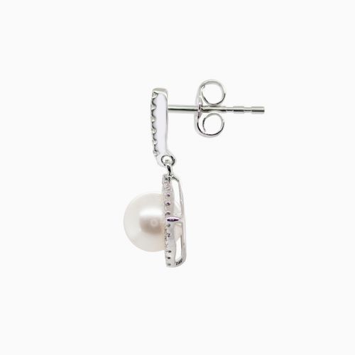Pearl and Diamond Drop Dangle Earrings, 14k White Gold