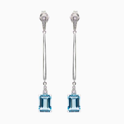 Diamond Accented Natural Blue Topaz Bar Earrings, 14k White Gold