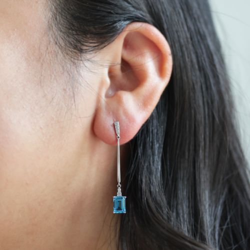 Diamond Accented Natural Blue Topaz Bar Earrings, 14k White Gold