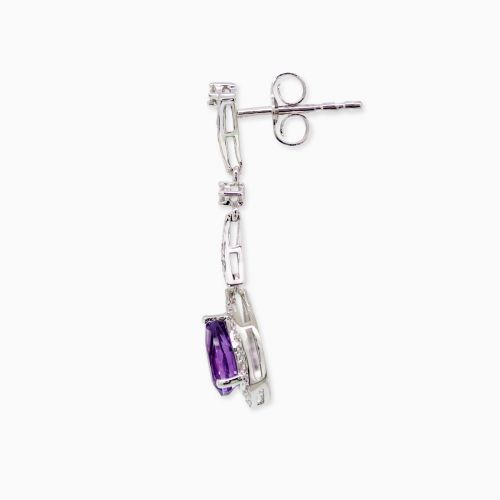 Vintage Style Natural Amethyst and Diamond Teardrop Earrings, 14k White Gold