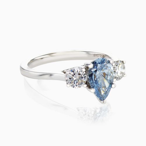 Lab-grown Blue Diamond Three Stone Engagement Ring, 14k White Gold