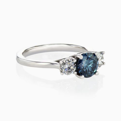 Lab-grown Round Blue Diamond Three Stone Ring, 14k White Gold