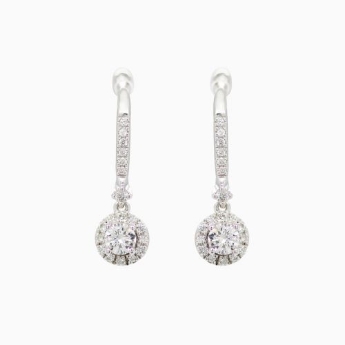 Diamond Halo drop-dangle Earrings, 14k White Gold