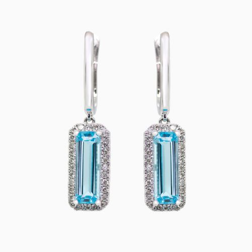 Natural Blue Topaz and Diamond Dangle Earrings, 14k White Gold