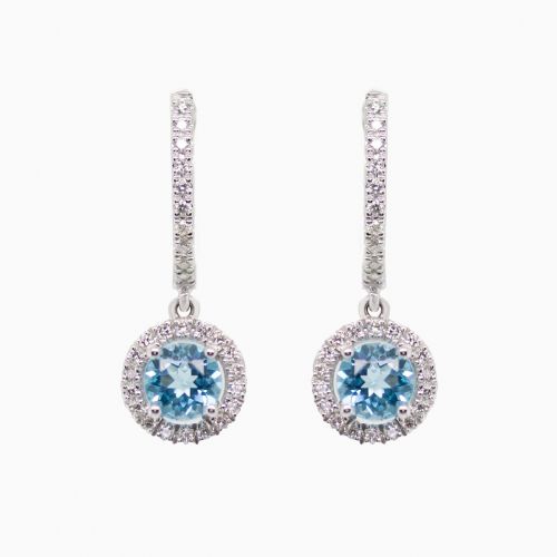 Natural London Blue Topaz and Diamond Dangle Earrings, 14k White Gold