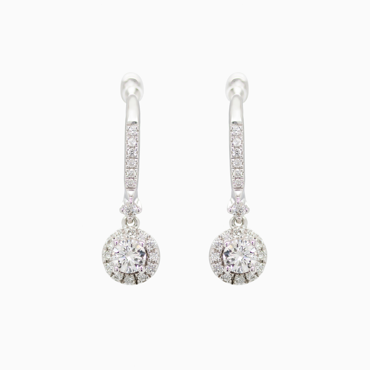 Diamond Halo drop-dangle Earrings, 14k White Gold