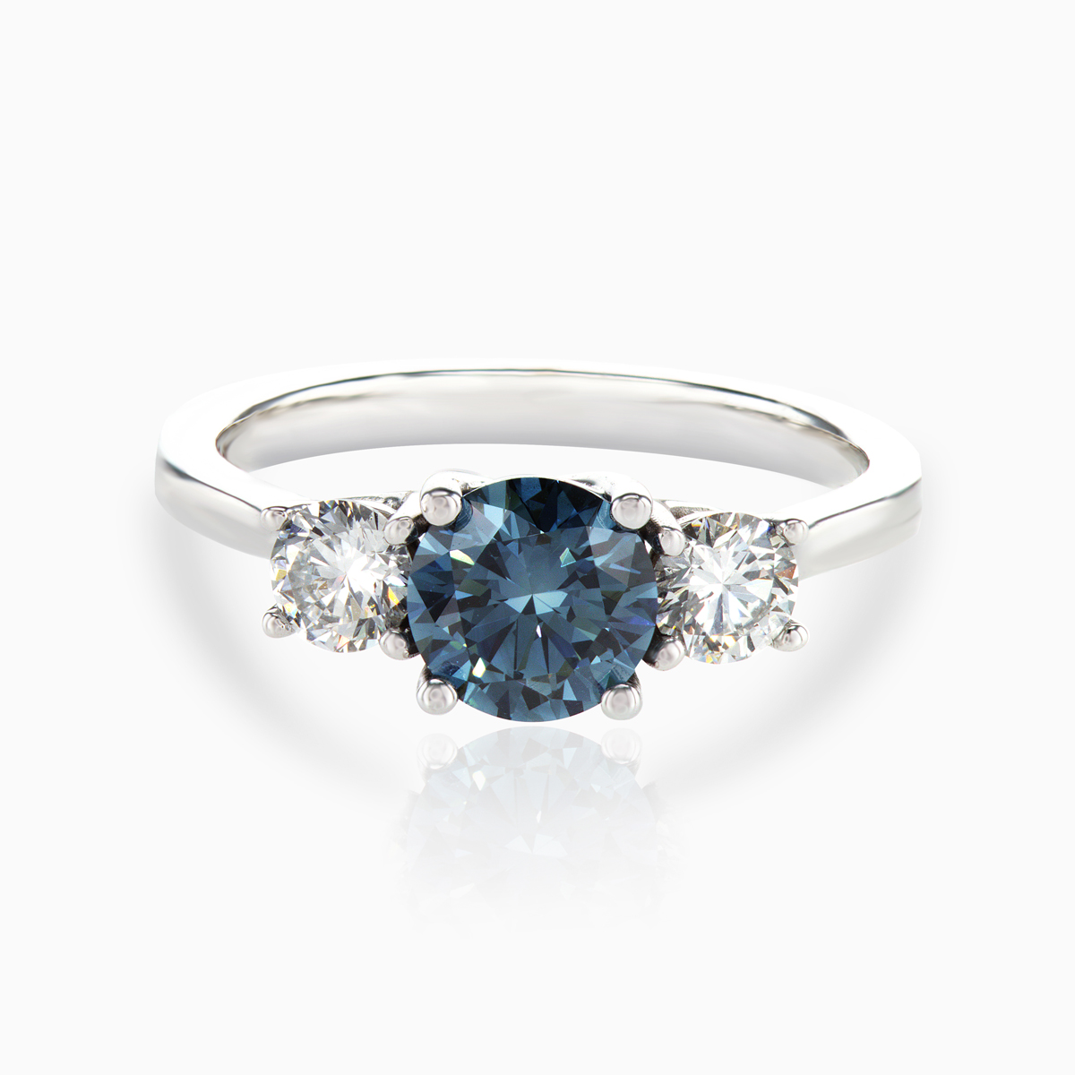 Lab-grown Round Blue Diamond Three Stone Ring, 14k White Gold