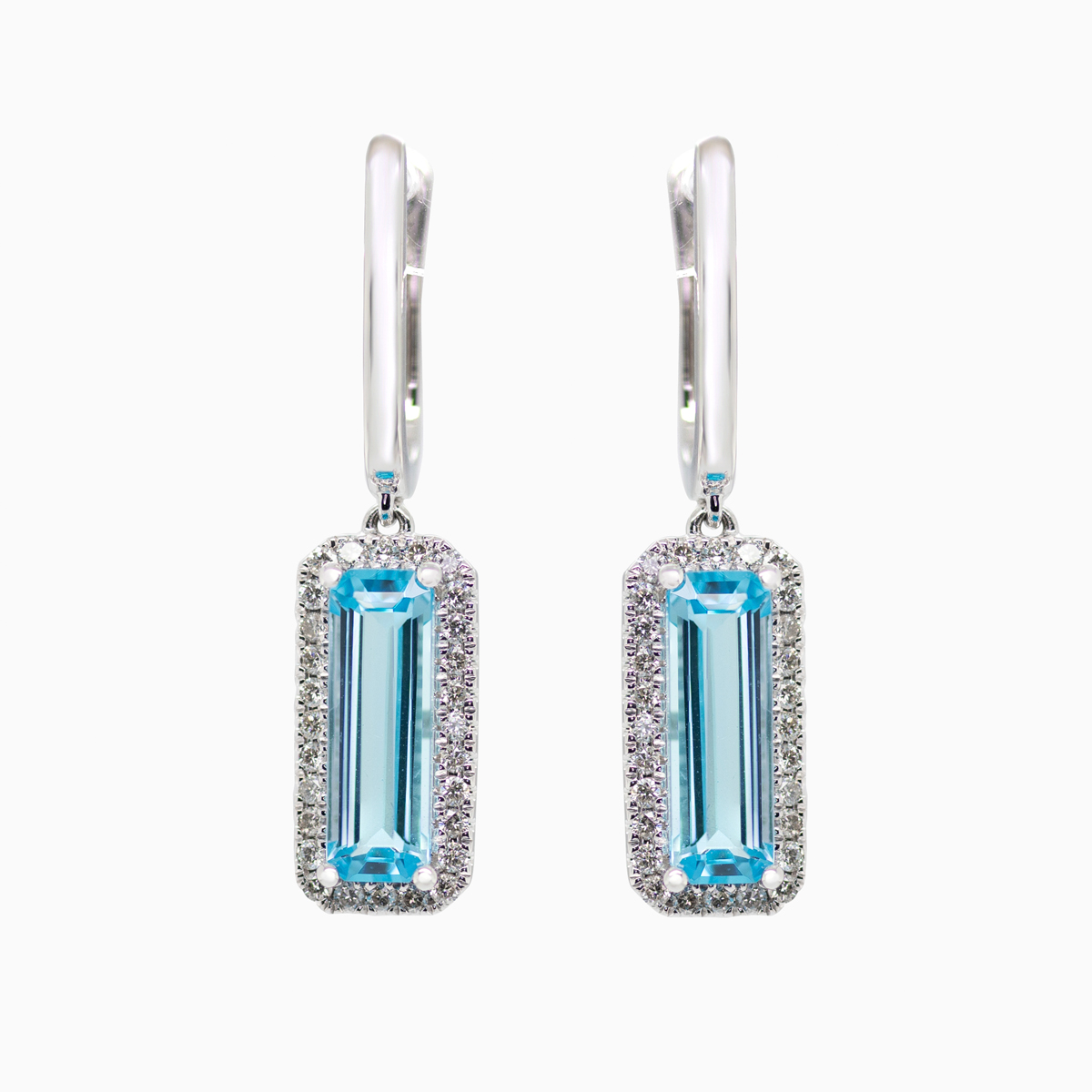 Natural Blue Topaz and Diamond Dangle Earrings, 14k White Gold
