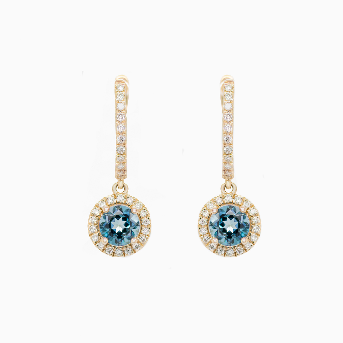Natural London Blue Topaz and Diamond Dangle Earrings, 14k Yellow Gold