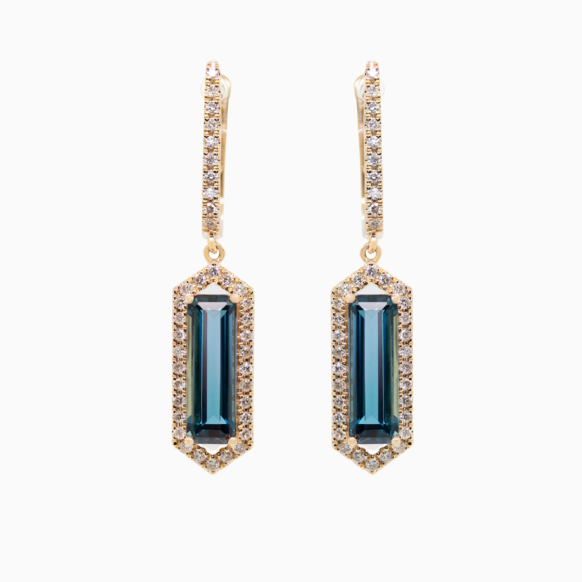 Natural London Blue Topaz and Diamond Dangle Earrings, 14k Yellow Gold