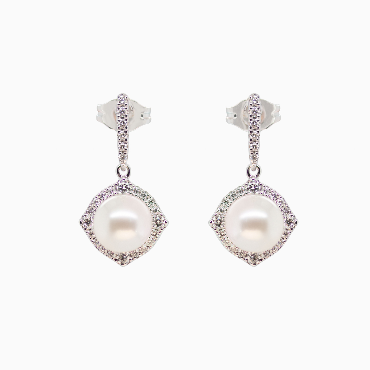 Pearl and Diamond Drop Dangle Earrings, 14k White Gold