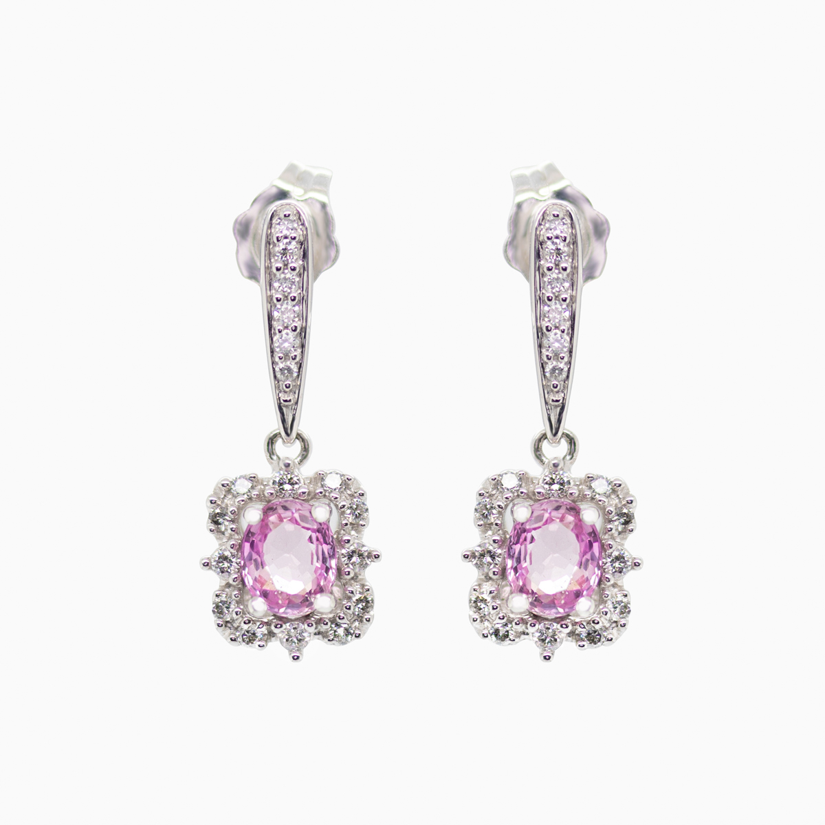 Vintage-inspired  Pink Sapphire and Diamond  Earrings, 14k White Gold