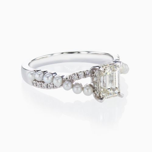 18k White Gold Twist Engagement Ring with  Lab-Grown Diamond & Pearl Accent