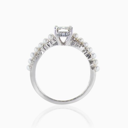 18k White Gold Twist Engagement Ring with  Lab-Grown Diamond & Pearl Accent