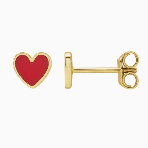 Red Enameled Heart Stud Earrings, 14k Yellow Gold