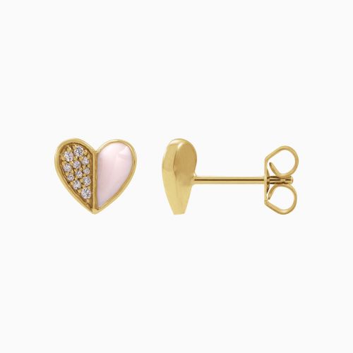 Natural Diamond Accented Pink Enameled Heart Earrings, 14k Yellow Gold