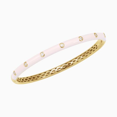 Natural Diamond & Pink Enameled Accented Bangle Bracelet, 14k Yellow Gold