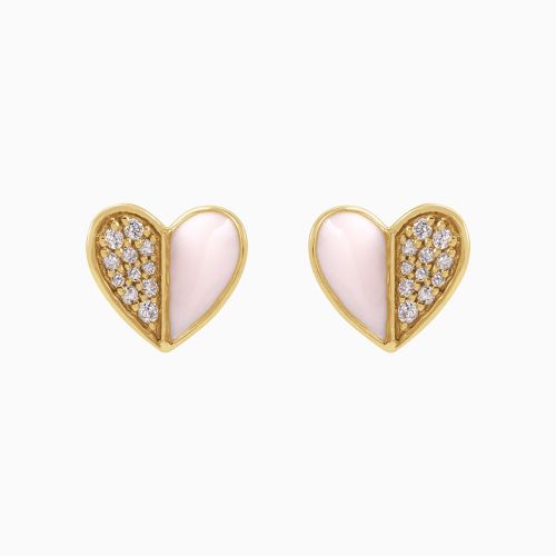 Natural Diamond Accented Pink Enameled Heart Earrings, 14k Yellow Gold