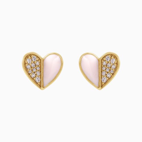 Natural Diamond Accented Pink Enameled Heart Earrings, 14k Yellow Gold
