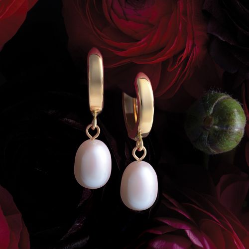 Pearl Teardrop Hoop Earrings, 14k Yellow Gold