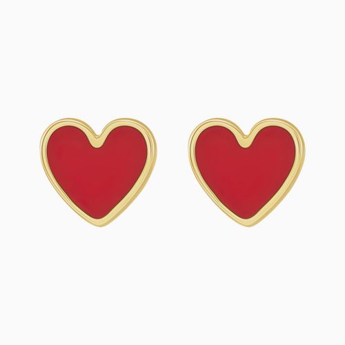 Red Enameled Heart Stud Earrings, 14k Yellow Gold