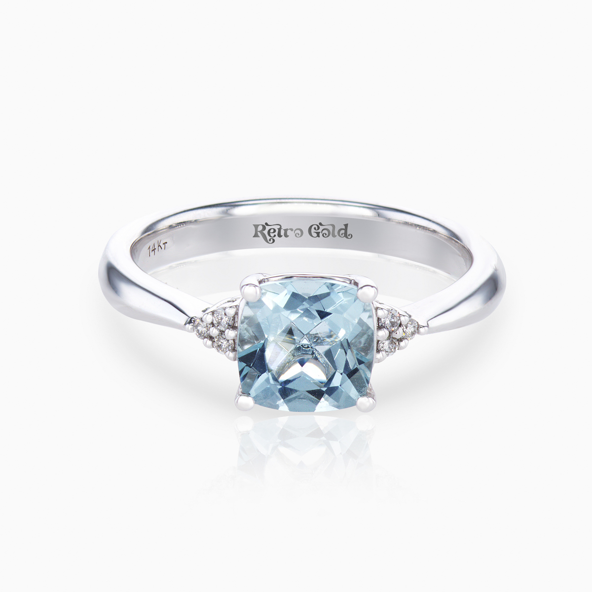 Cushion-cut Natural Aquamarine Ring with Diamond Accents, 14k White Gold