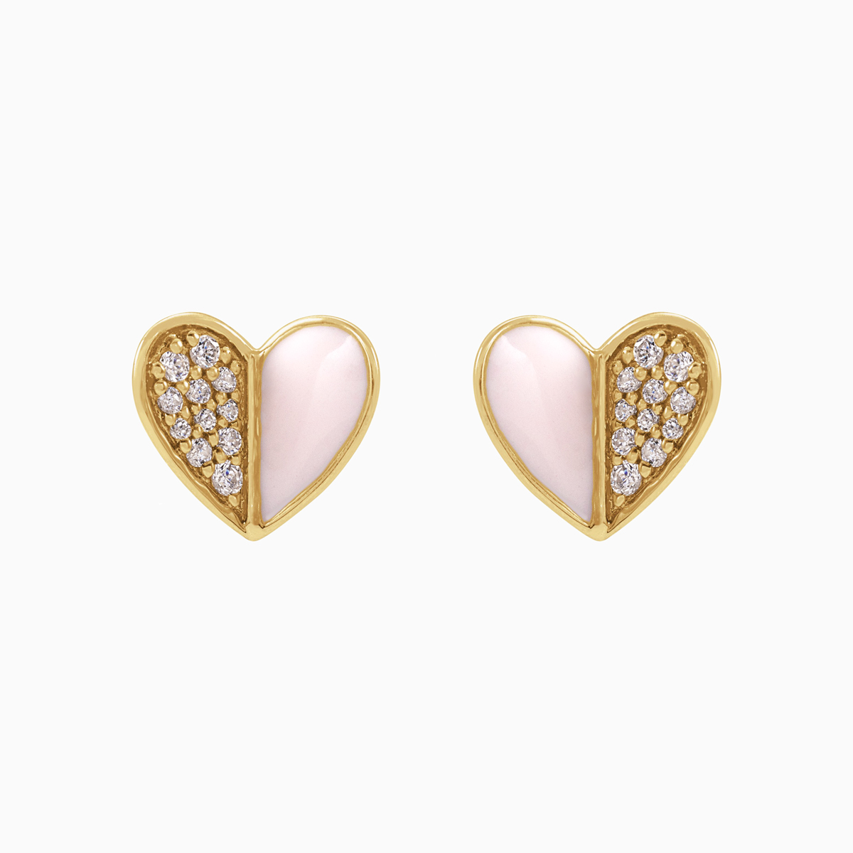 Natural Diamond Accented Pink Enameled Heart Earrings, 14k Yellow Gold