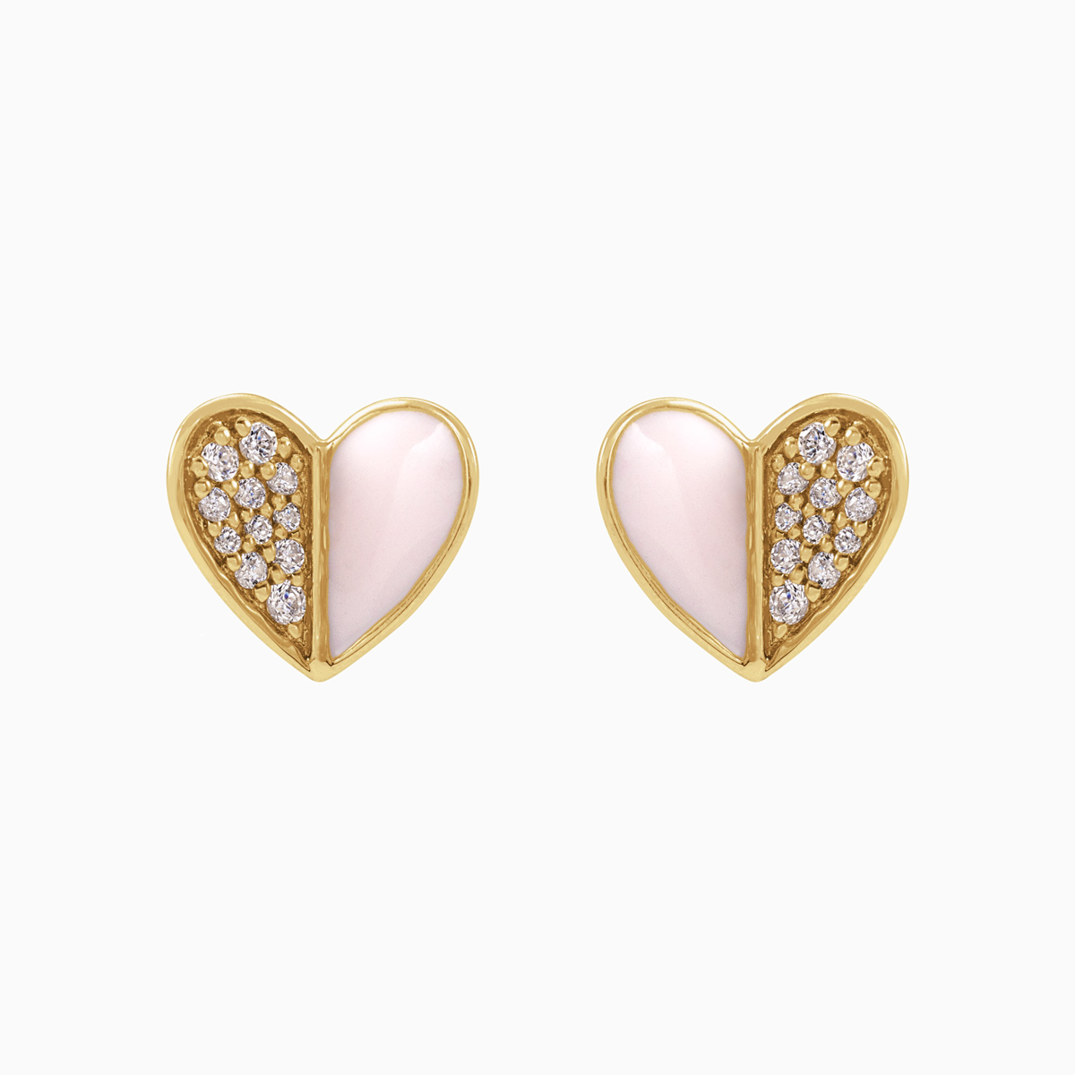 Natural Diamond Accented Pink Enameled Heart Earrings, 14k Yellow Gold