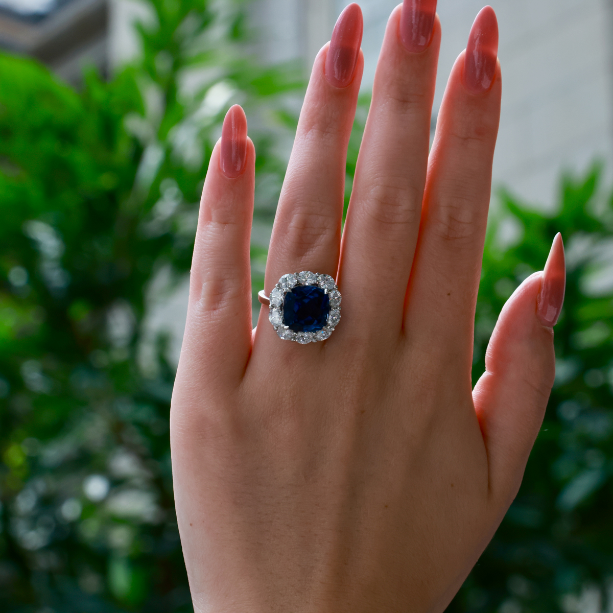 Vintage Inspired Diamond Cocktail Ring with Lab Grown Cushion Shaped Blue Sapphire