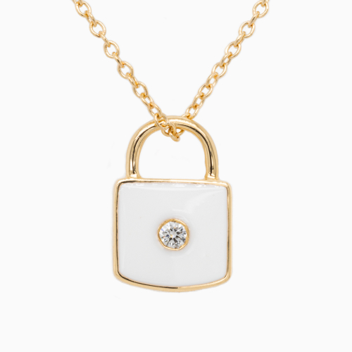 14k Gold Lock Pendant with Natural Diamond and Enamel Accents