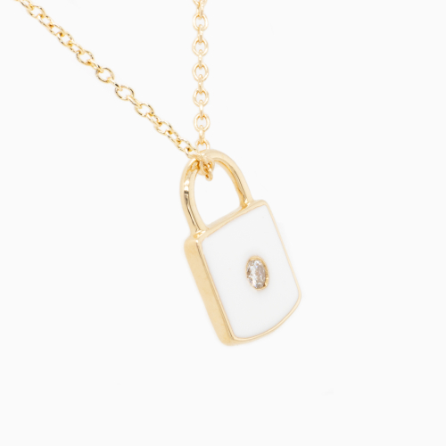 14k Gold Lock Pendant with Natural Diamond and Enamel Accents