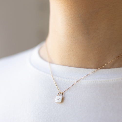 14k Gold Lock Pendant with Natural Diamond and Enamel Accents
