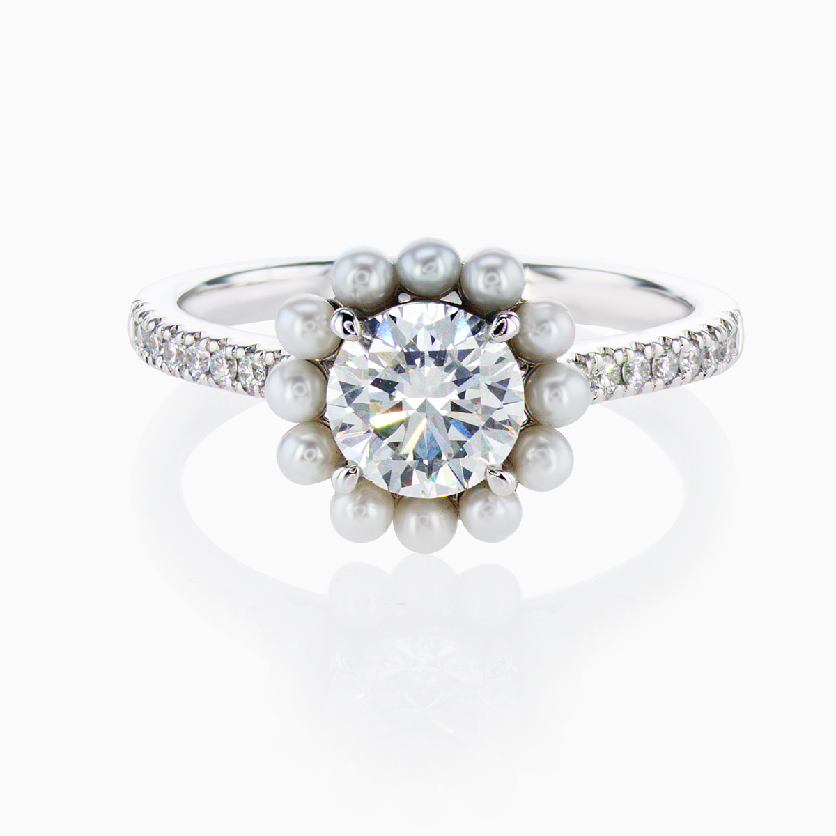 1-Carat Lab-Grown Diamond & Pearl Double Halo Ring in 18k White Gold