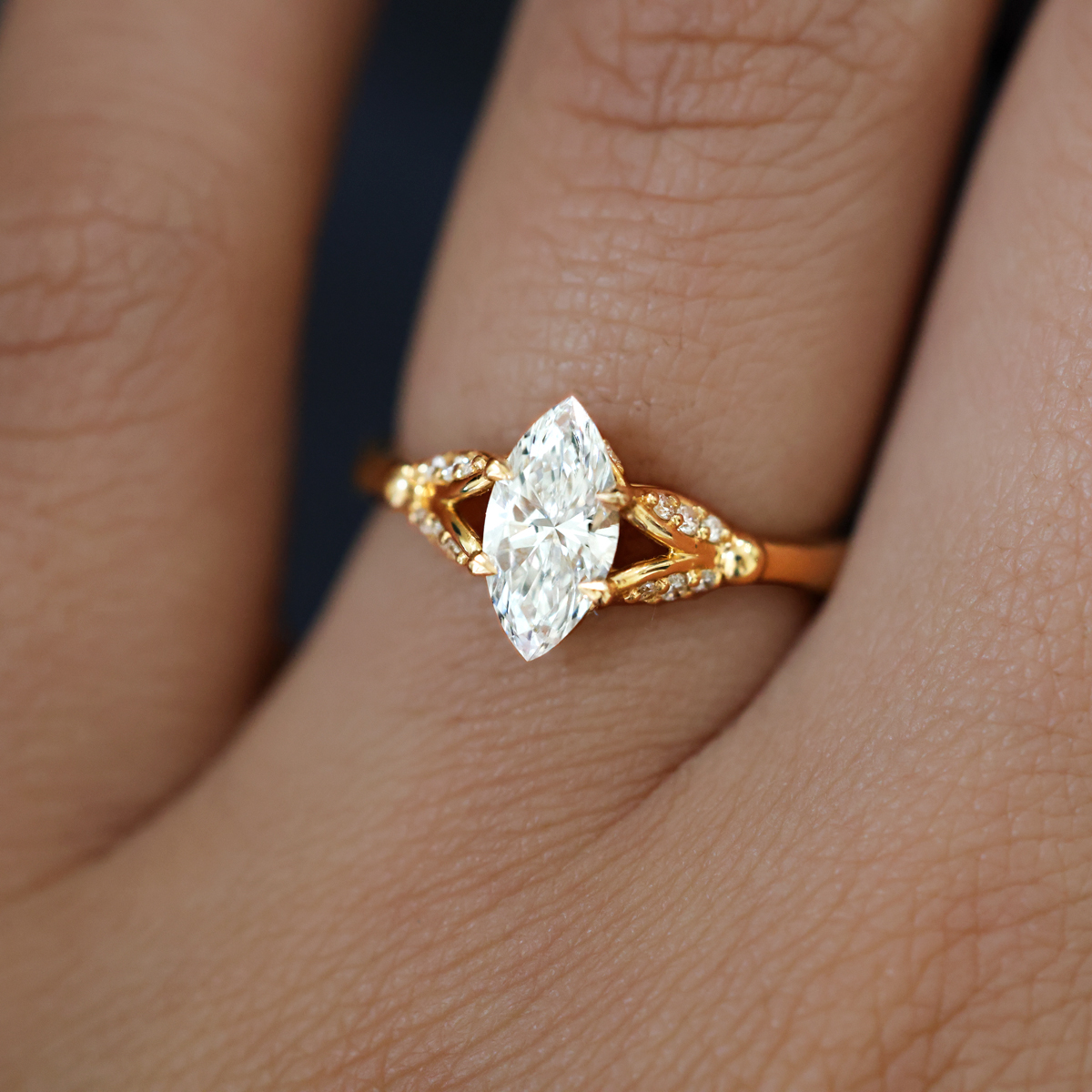 Art-Deco Engagement Ring with Lab-grown 1-carat Marquise Diamond, 18k Gold