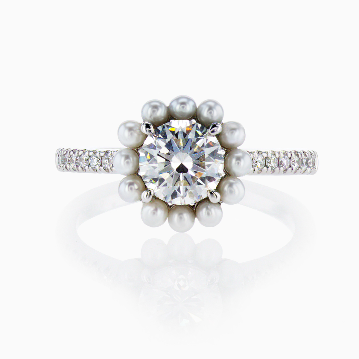 1-Carat Lab-Grown Diamond & Pearl Double Halo Ring in 18k White Gold