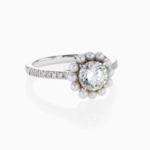 1-Carat Lab-Grown Diamond & Pearl Double Halo Ring in 18k White Gold