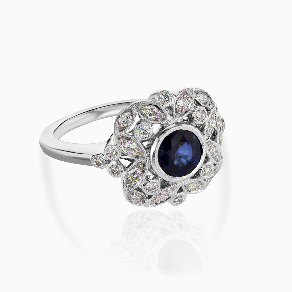 Natural Blue Sapphire and Diamond Open Halo Engagement Ring