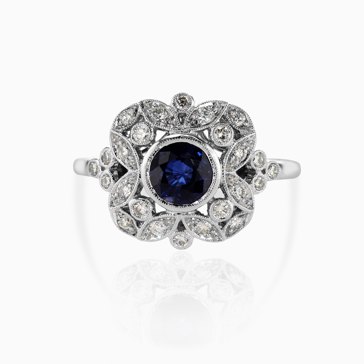 Natural Blue Sapphire and Diamond Open Halo Engagement Ring