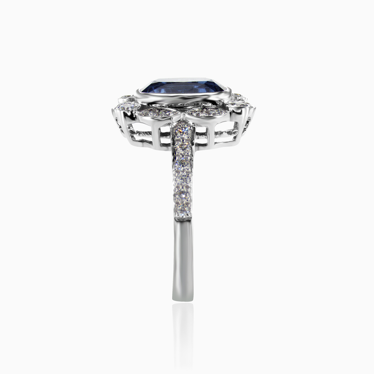 Diamond accented Natural Blue Sapphire Ring, 18k White Gold