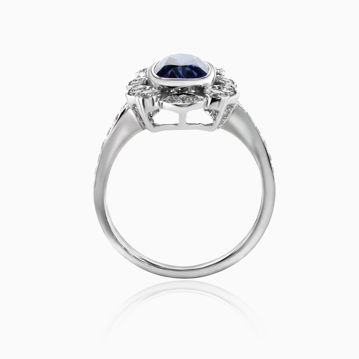 Diamond accented Natural Blue Sapphire Ring, 18k White Gold