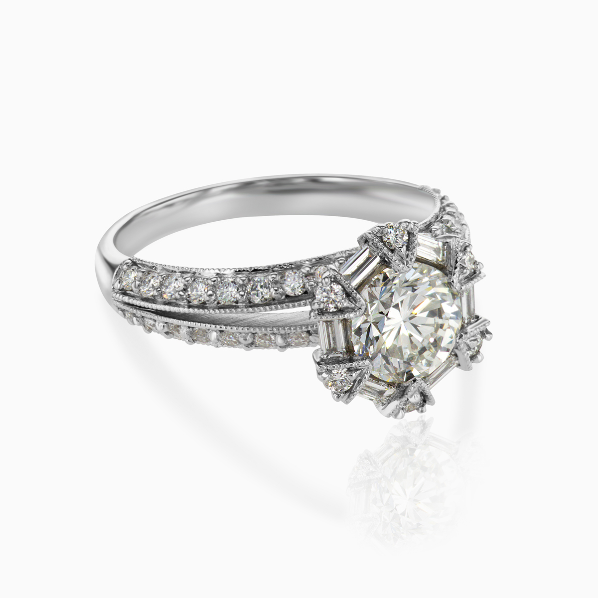 Dino Lonzano Art-Deco Diamond Halo Engagement Ring, 18k White Gold