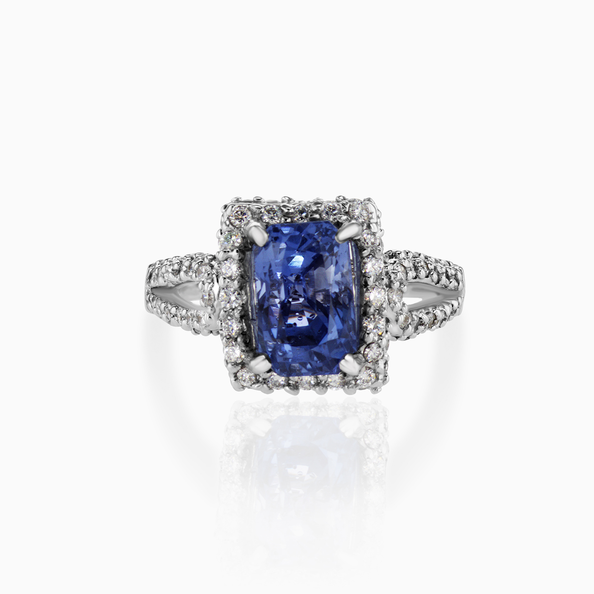 Radiant Natural Blue Sapphire and Diamond Halo Engagement Ring, 18k White Gold