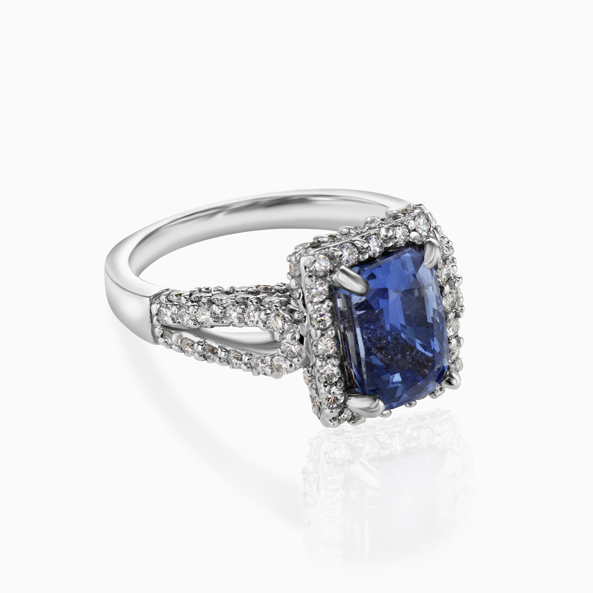 Radiant Natural Blue Sapphire and Diamond Halo Engagement Ring, 18k White Gold