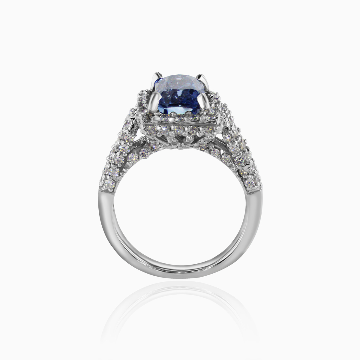 Radiant Natural Blue Sapphire and Diamond Halo Engagement Ring, 18k White Gold