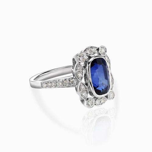 Diamond accented Natural Blue Sapphire Ring, 18k White Gold