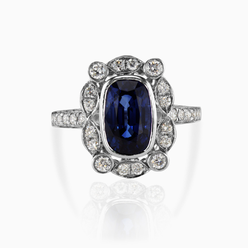 Diamond accented Natural Blue Sapphire Ring, 18k White Gold